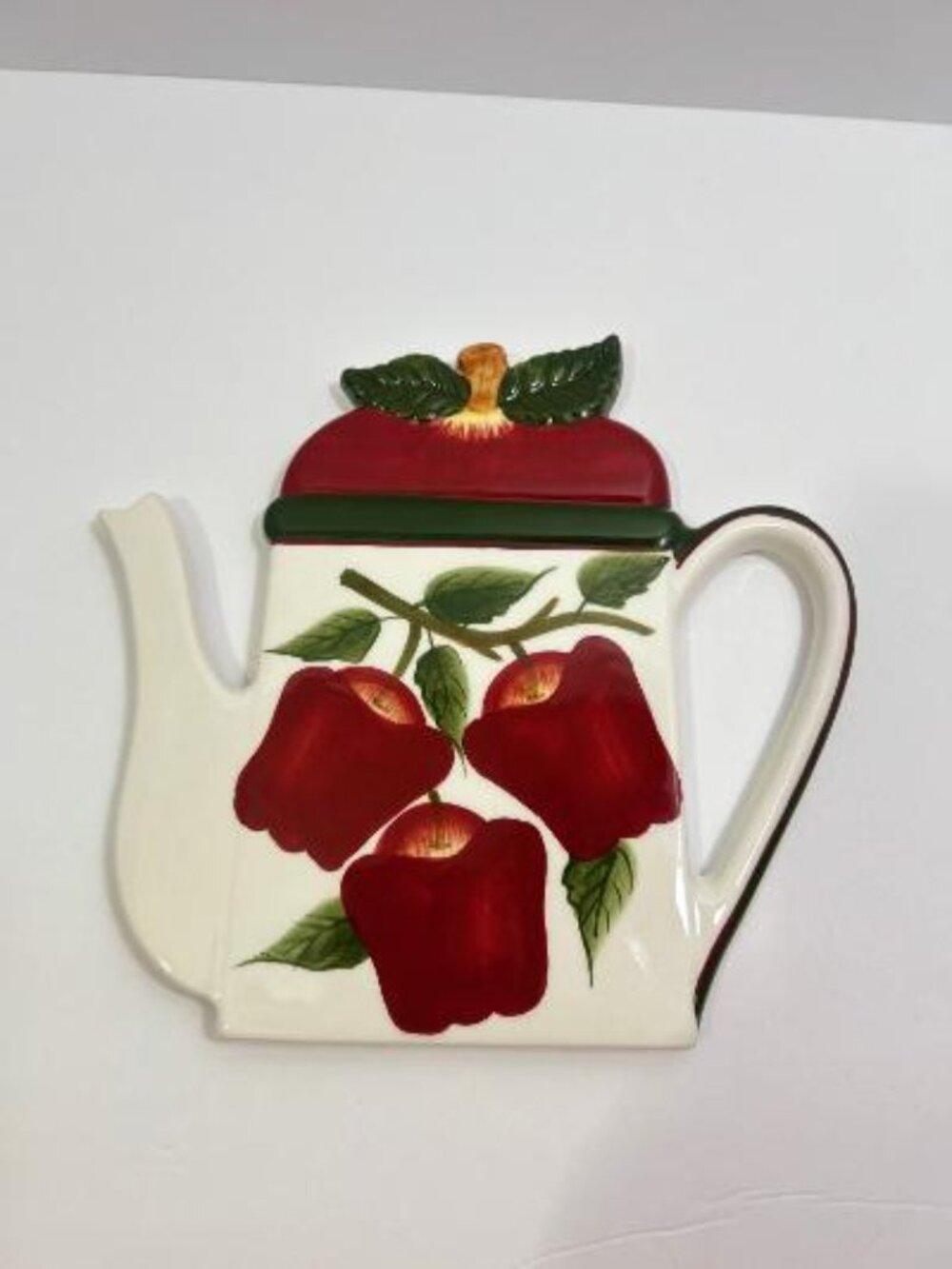 Ceramic Trivet Teapot Shaped W/ Apple Design Wall Hang Plaque